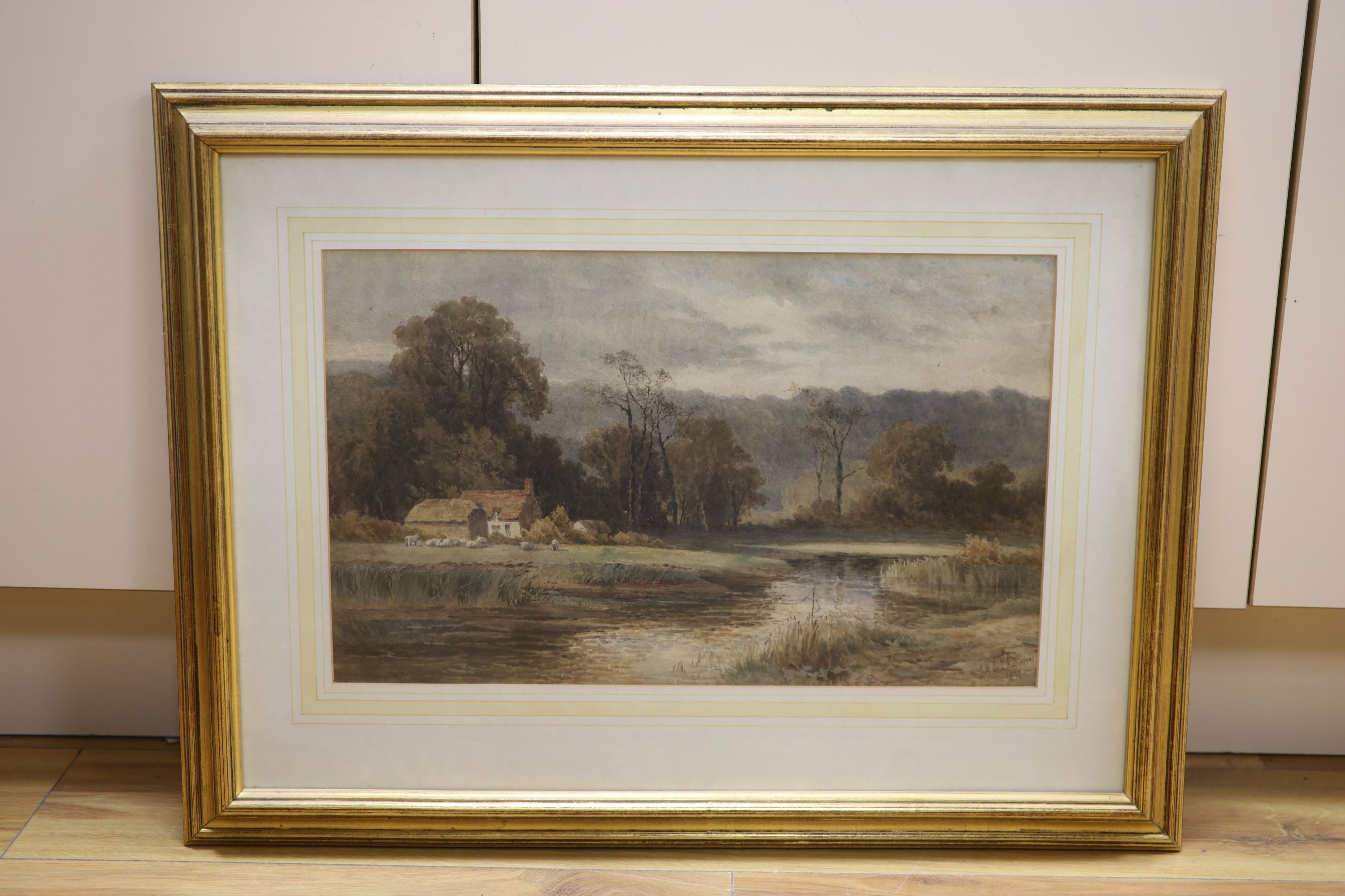 Georgina de L'Aubiniere (1848-1930), watercolour, River landscape with shepherd and flock, signed and dated 1877, 27 x 44cm